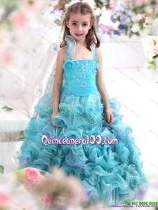 2015 Straps Appliques and Ruffled Layers Pageant Dresses for Kids in Aque Blue