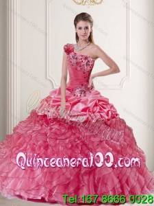 2015 Unique One Shoulder Watermelon Quince Dresses with Pick Ups and Ruffles