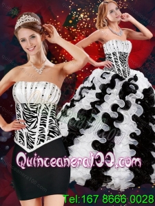 2015 Unique Strapless White and Black Quince Dresses with Beading and Ruffles