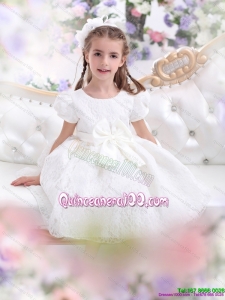 Elegant Lace 2015 White Kid Pageant Dress with Short Sleeves and Bowknot