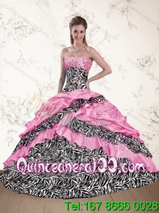 Luxurious Zebra Printed 2015 Pink Quinceanera Dresses with Ruffles and Pick Ups