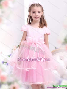 Unique Bowknot and Appliques 2015 Kid Pageant Dresses in Rose Pink