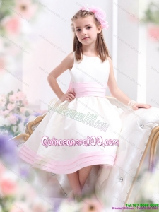 White Scoop Kid Pageant Dress with Light Pink Bowknot