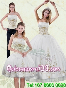 Wholesale 2015 Strapless Embroidery White and Gold Quinceanera Dresses