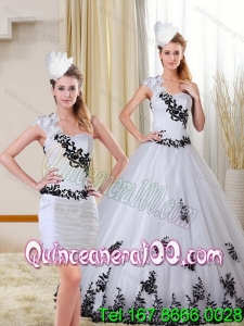 2015 Luxurious One Shoulder Sweetheart White and Black Quinceanera Dress with Appliques