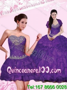 2015 Wholesale Eggplant Purple Dresses for Quince with Beading and Ruffled Layers