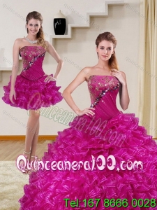 Wholesale 2015 Detachable Fuchsia Quince Dress with Beading and Ruffled Layers