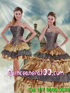 Wholesale Gold Strapless Leopard 2015 Quinceanera Dress with Ruffled Layers and Beading