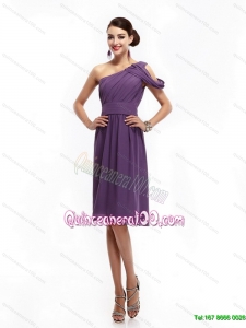 Cheap 2015 One Shoulder Dark Purple Dama Dresses with Ruching