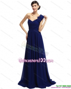 Cheap 2015 One Shoulder Ruffled Navy Blue Dama Dresses with Hand Made Flower
