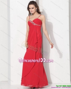 Cheap Red Spaghetti Straps Dama Dresses with Ruching and Beading