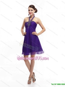 Purple Beading Halter Top 2015 Cheap Prom Dresses with Ruching