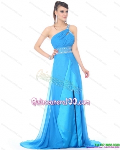 Cheap 2015 One Shoulder Baby Blue Long Dama Dress with Rhinestones