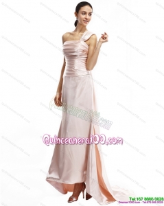 Cheap Pink One Shoulder Ruching Dama Dresses with Brush Train