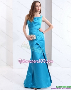 Cheap One Shoulder Baby Blue Long Dama Dresses with Brush Train