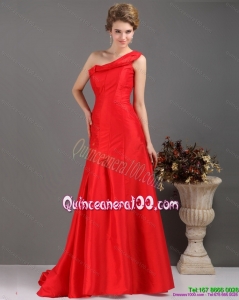 Cheap One Shoulder Pleated Red Dama Dresses with Brush Train