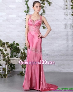 Cheap Rose Pink Beading Long Dama Dresses with Brush Train