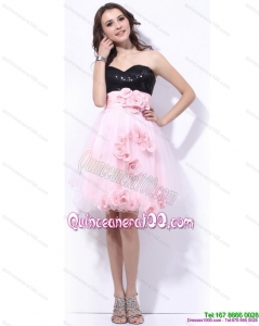 Cheap Sweetheart Sequins and Hand Made Flowers Dama Dresses in Pink and Black
