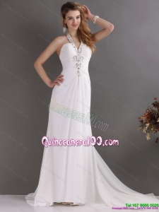 Cheap 2015 Halter Top White Dama Dress with Ruching and Beading