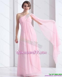 Cheap 2015 One Shoulder Baby Pink Dama Dress with Ruching and Beading