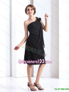New Style One Shoulder Black Dama Dresses with Hand Made Flower