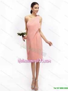New Style Ruching and Hand Made Flowers 2015 Peach Dama Dresses with One Shoulder