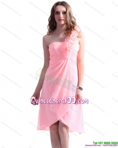 2015 Baby Pink One Shoulder Dama Dresses with Ruching and Hand Made Flowers