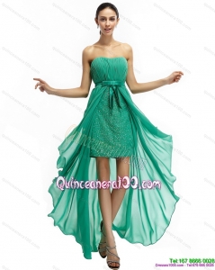Green High Low Beading Dama Dresses with Ruching and Bowknot for 2015