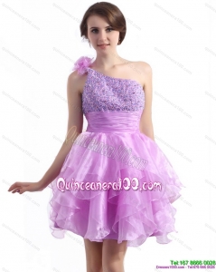 New Style One Shoulder Lilac Dama Dresses with Beading and Hand Made Flower