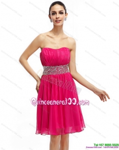 2015 Coral Red Strapless Short Dama Dresses with Ruching and Rhinestones