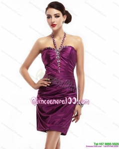 2015 New Style Halter Top Short Dama Dresses with Ruching and Beading