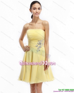 2015 Strapless Mini Length Dama Dresses with Ruching and Beading