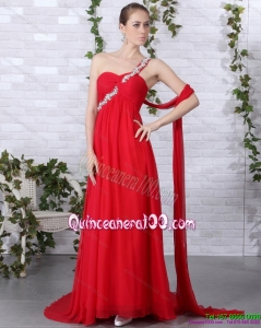 Popular 2015 One Shoulder Red Dama Dress with Beadings and Brush Train