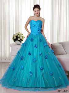 Aqua Sweetheart Brush Train Quince Dresses with Hand Made Flowers