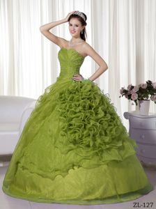 Olive Green Sweetheart Organza Beading and Ruffle Dresses 15