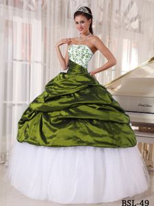 White and Olive Green Ball Gown Quince Dress in Taffeta and Tulle
