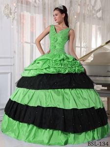 Green and Black Quinceanera Dress with V-neck Straps and Beading