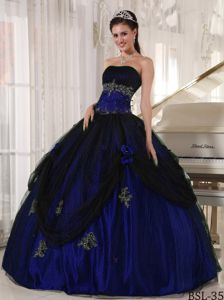 Royal Blue and Black Beaded Quince Dress with Tulle and Taffeta