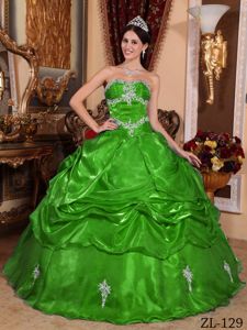 Fitted Strapless Organza Quinces Dress with Appliques in Green