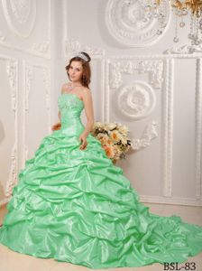 Court Train Quinceanera Dresses in Apple Green with Taffeta