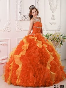 Orange Red and Yellow Quinces Gown with Appliques and Beading
