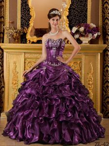 Organza Ruffles Sweet 15th Dress in Dark Purple with Sweetheart for Miss World Competition