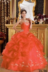 Floor-length Orange Red Sweet Fifteenth Dress with Embroidery