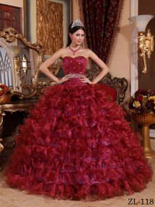 Organza Ruffles Ball Gown Dress for Quinces in Wine Red