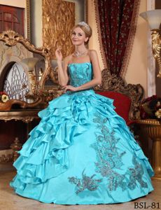 Floor-length Sweet 16th Dresses in Aqua Blue with Appliques