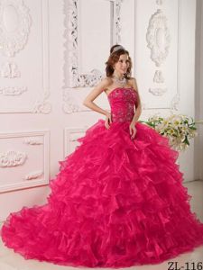 Hot Pink Organza Ruffles Quinceanera Dress with Embroidery