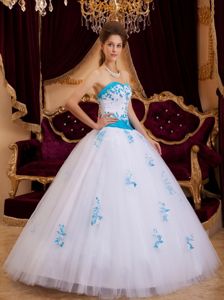 Modest 2013 White and Blue Tulle Sweet 16 Ball Gown on Sale