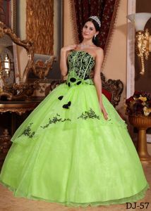 Embroidery Yellow Green Flowers Organza Quinceanera gowns