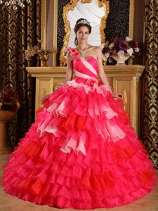 Red One Shoulder Organza Ruffles Quinceanera Dress Beaded