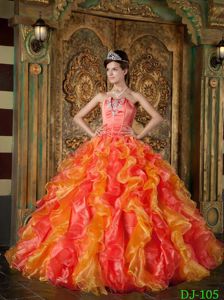 Discount Organza Orange Red Ruffled Quinceanera Dress 2014